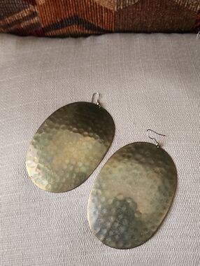 Vintage Large Hammered Brass Oval Dangle Earrings